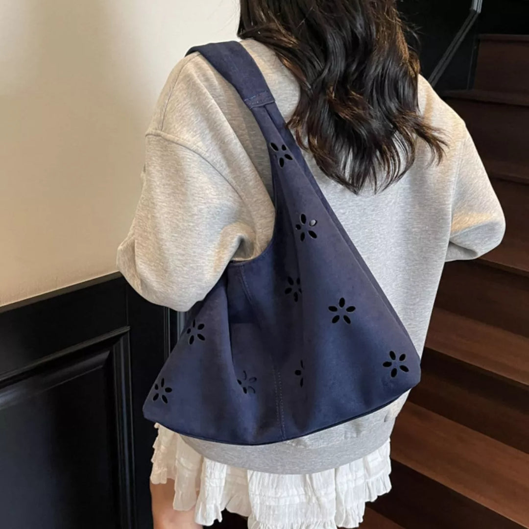 Floral cut-out suede-look hobo bag with zip pouch