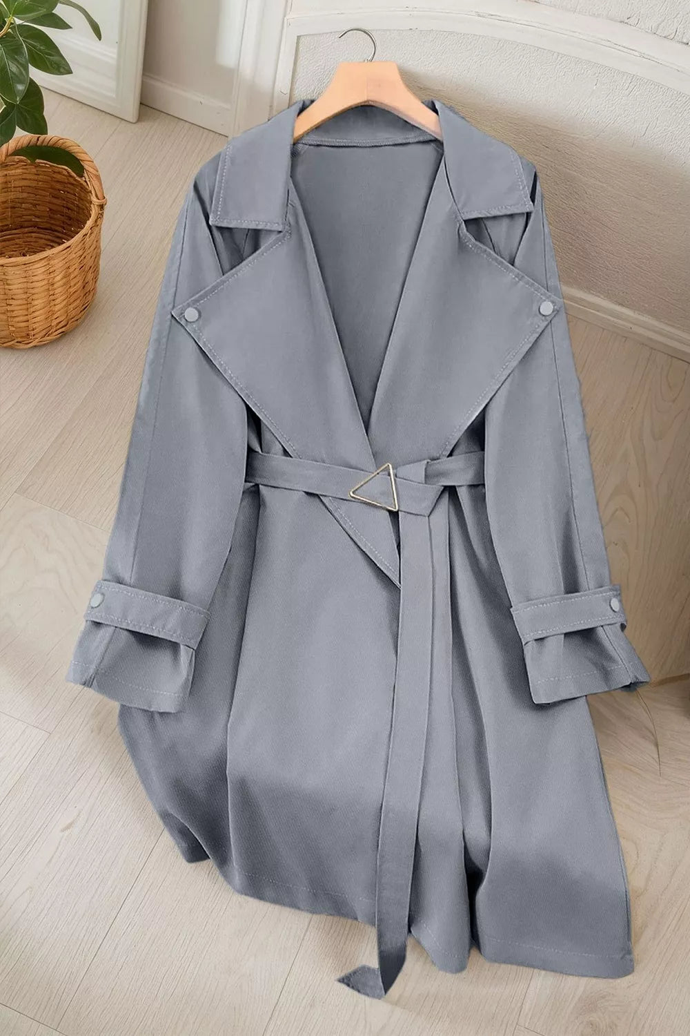 Dark Gray Wide lapel belted trench coat with epaulette tabs