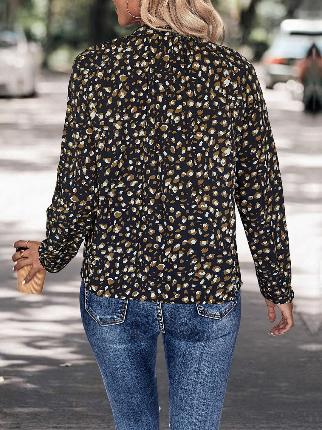 Leopard print tie-neck long sleeve blouse