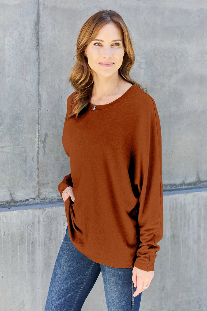 Relaxed drop-shoulder round neck long sleeve top