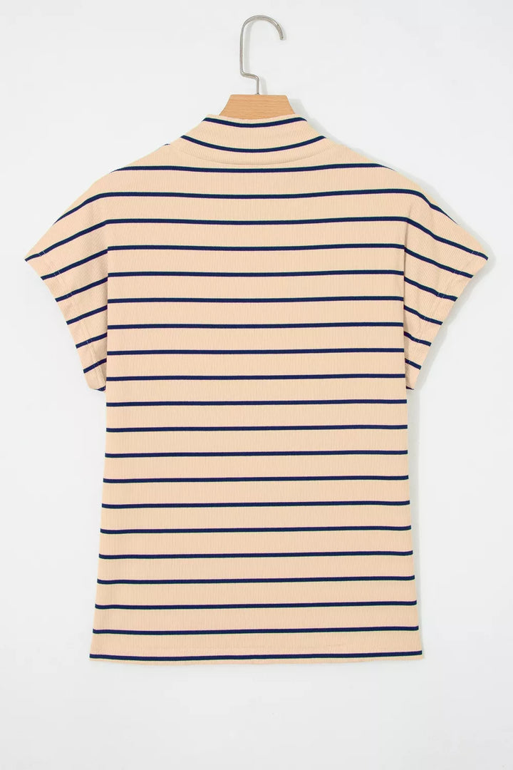 Striped mock neck short sleeve knit top
