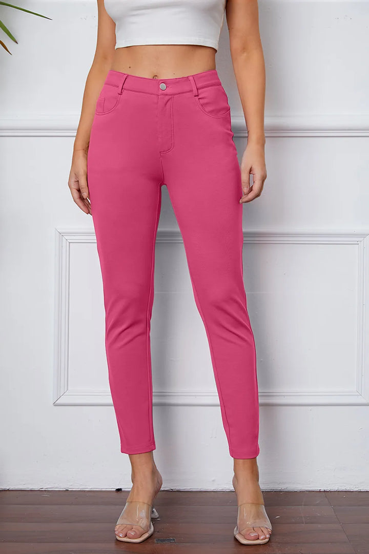 Pink Slim-fit stretch ankle pants with five-pocket styling