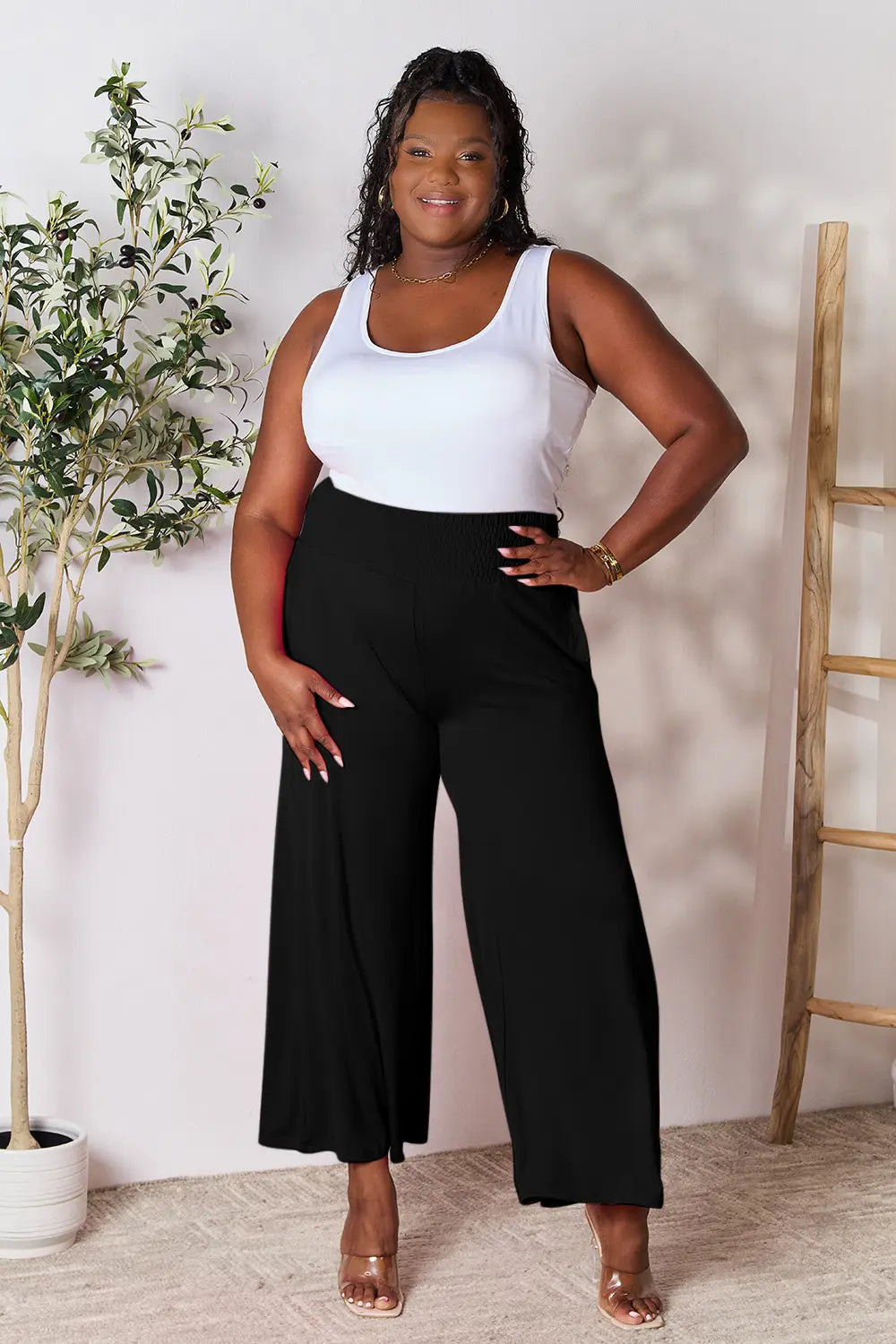 Smocked wide-waistband wide-leg jersey pants with pockets