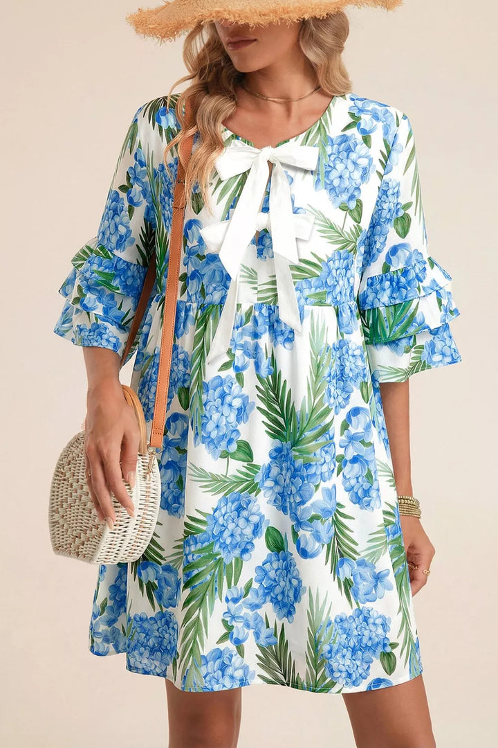 Light Blue Floral print tiered bell sleeve mini dress with bow