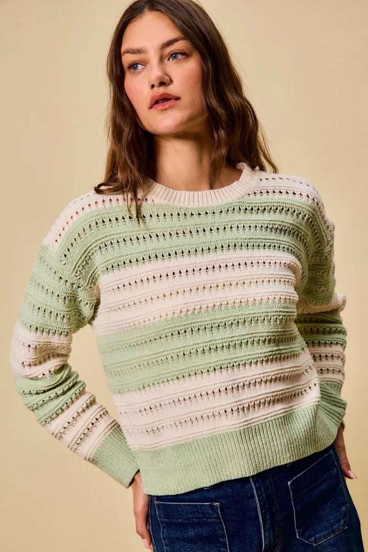 Openwork wide-stripe crew neck knit sweater