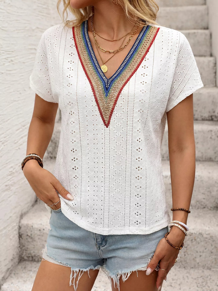 White Eyelet V-neck short sleeve top with crochet trim