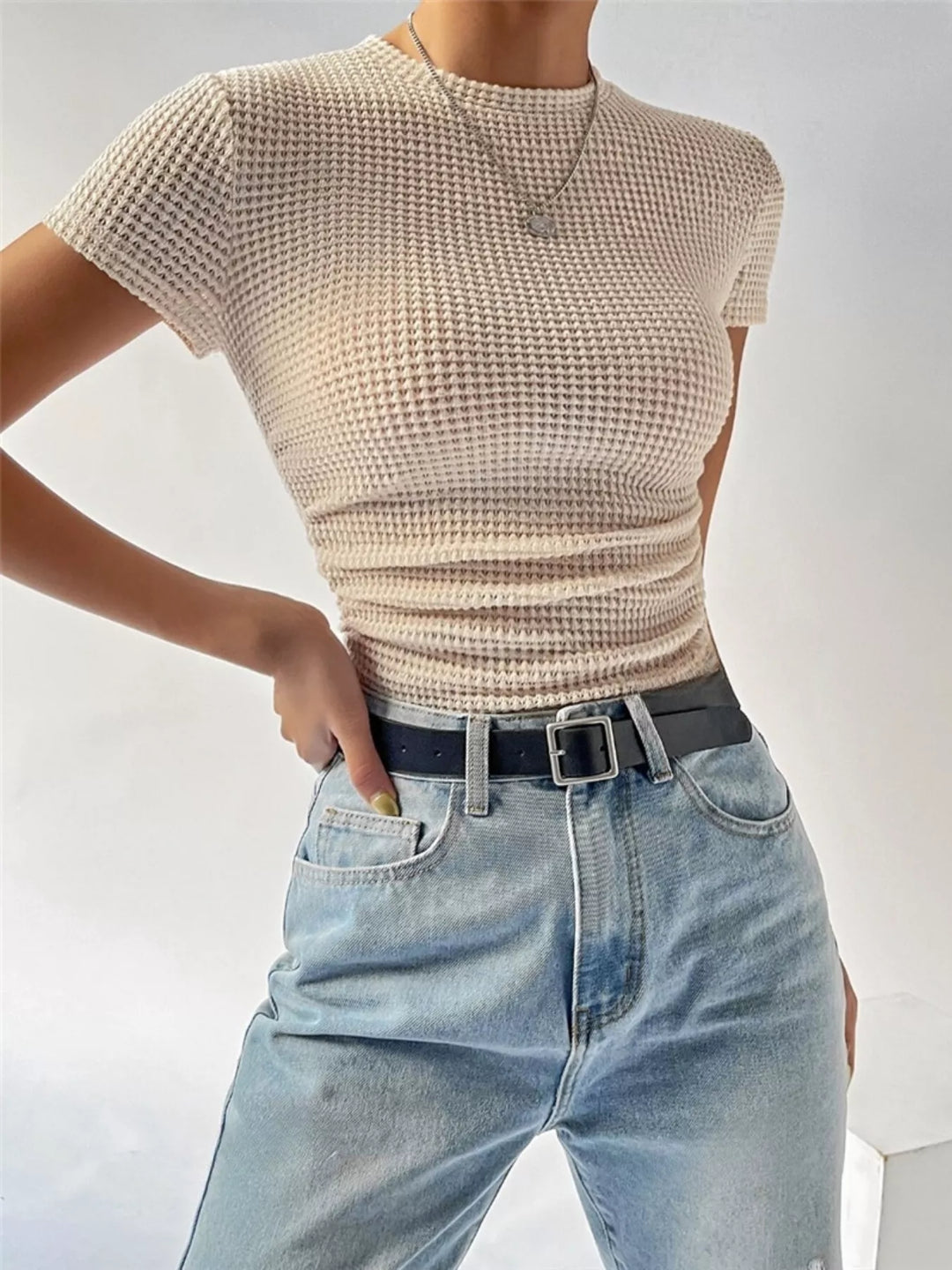 Beige Textured waffle knit slim-fit crew neck tee