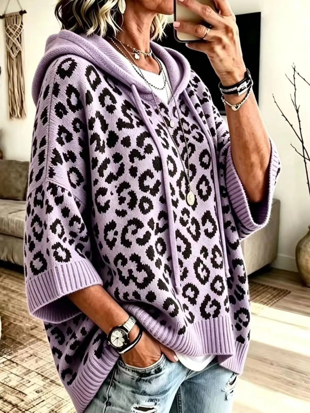 Leopard print drawstring hooded sweater with dolman sleeves