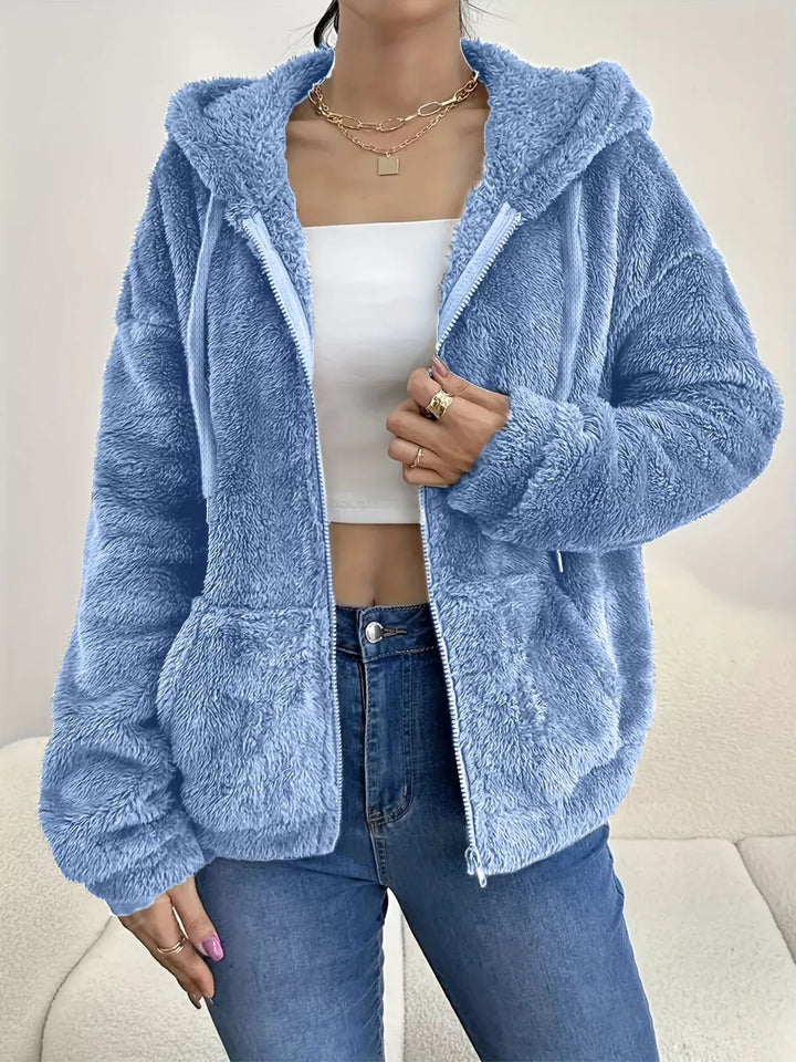 Sky Blue Fuzzy fleece hooded zip-up jacket with front pockets