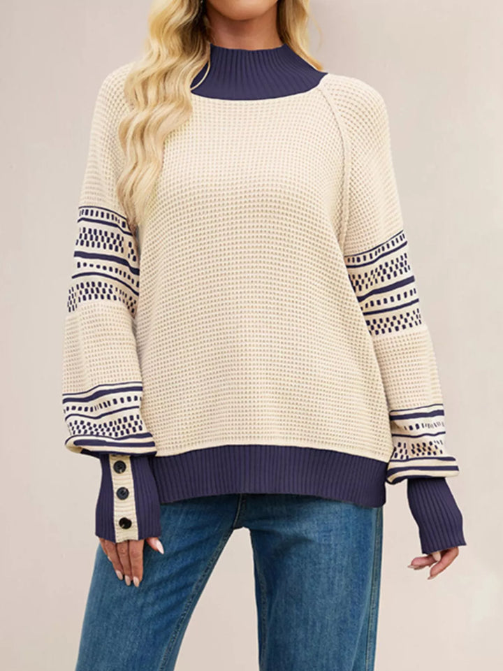 Apricot Color-block waffle knit mock neck sweater with button cuffs