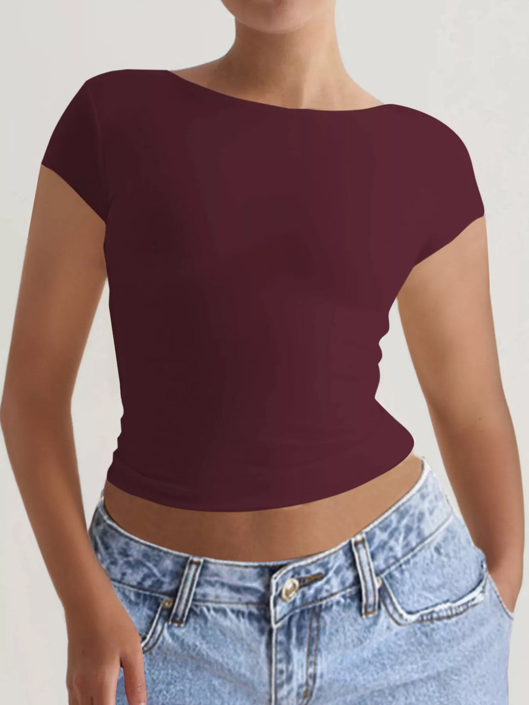 Burgundy Slim-fit backless short-sleeve crop tee