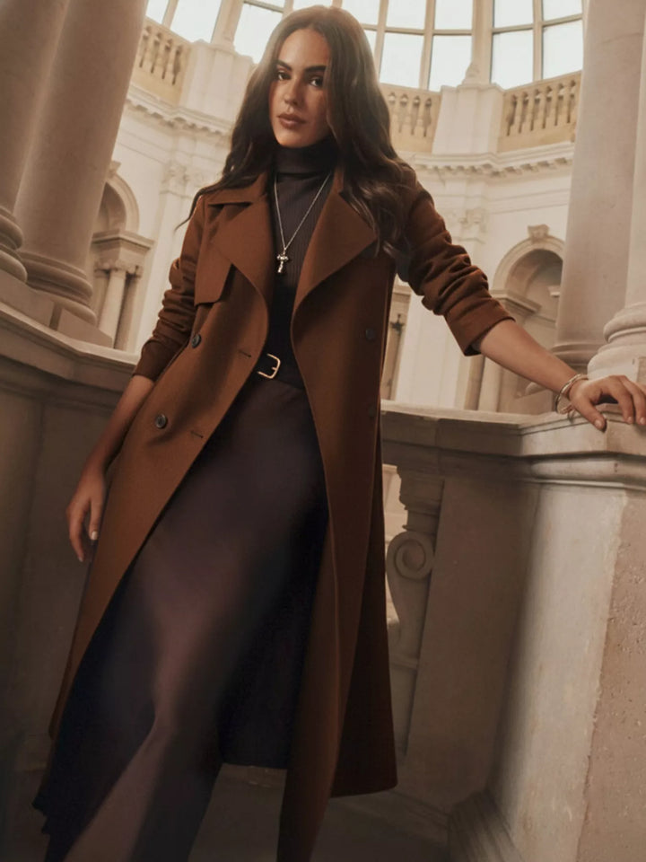 Double-breasted belted longline coat with notch lapel