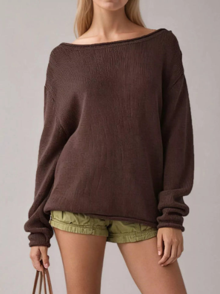 Coffee Brown Striped oversized boat neck sweater with drop shoulders