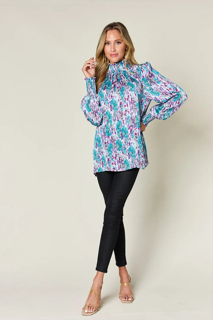 Printed smocked frill mock neck long sleeve blouse