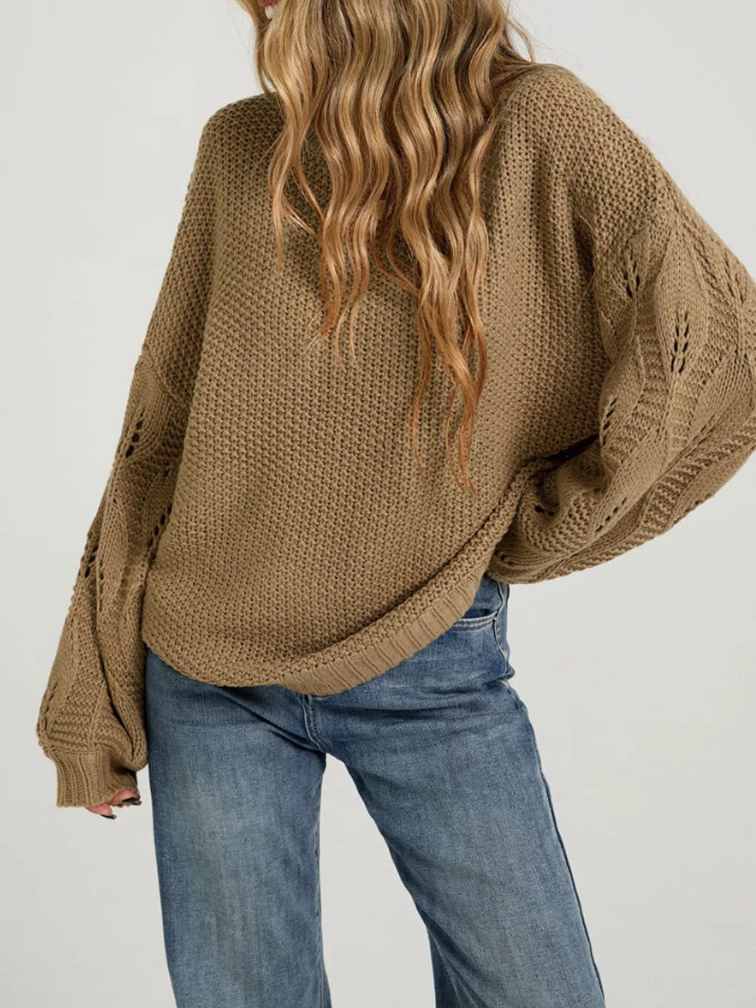 Khaki Openwork knit dropped shoulder sweater with curved hem