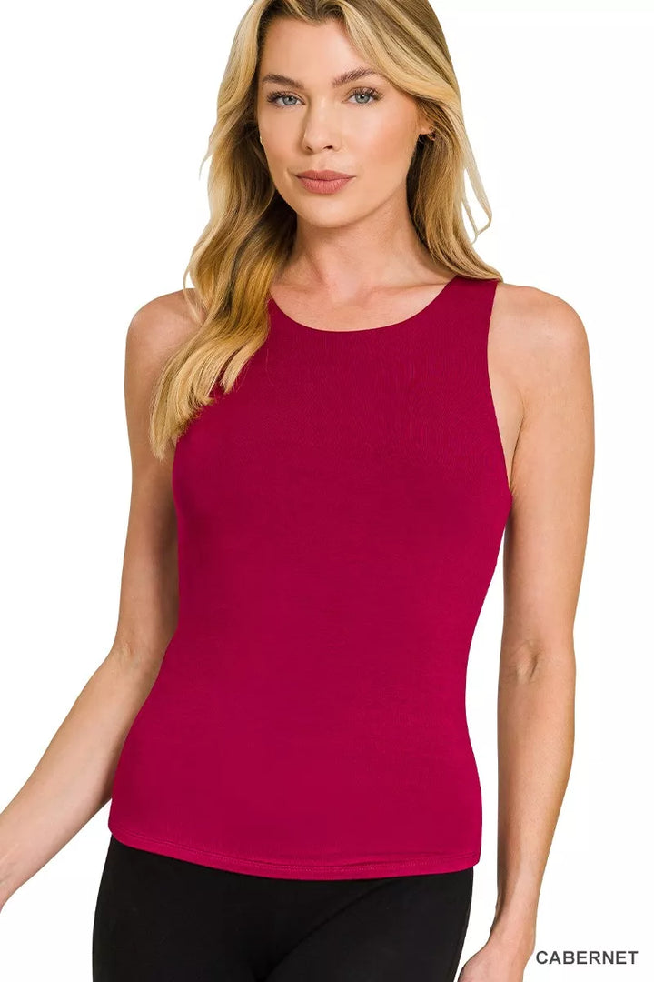 CABERNET Double-layered rayon tank top with high round neck