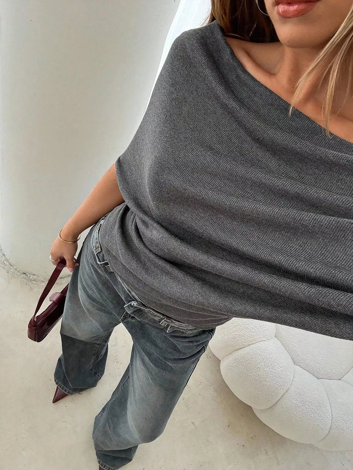 Off-shoulder ruched ribbed knit short-sleeve top
