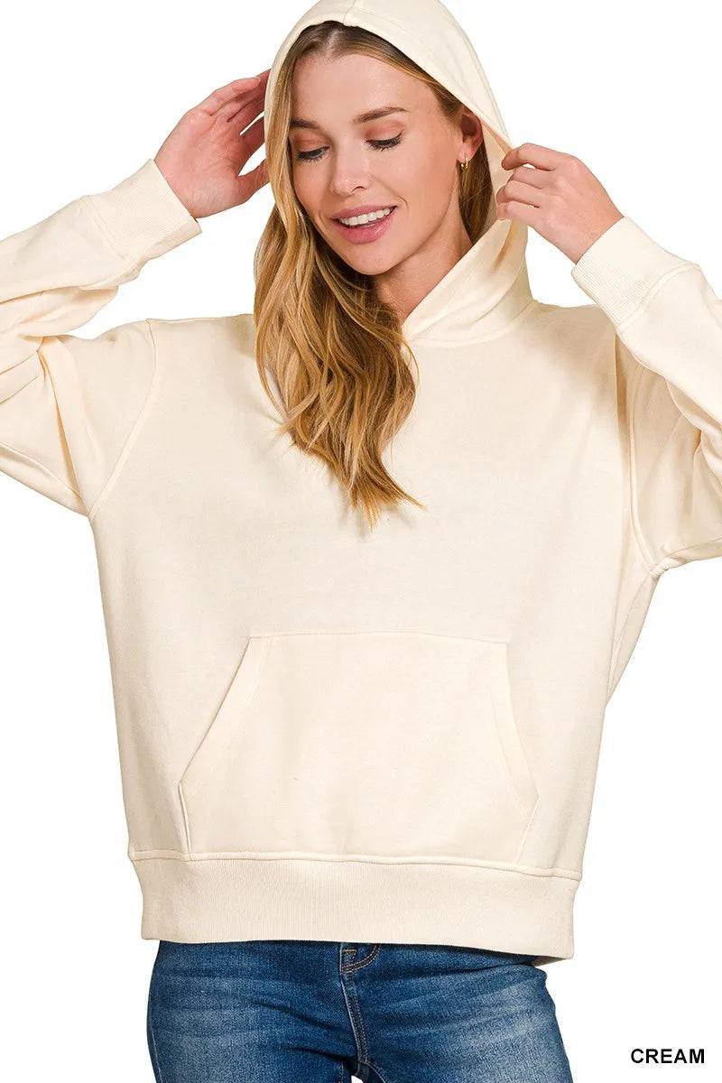 Ribbed-cuff fleece pullover hoodie with kangaroo pocket