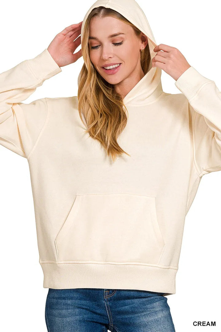 Ribbed-cuff fleece pullover hoodie with kangaroo pocket