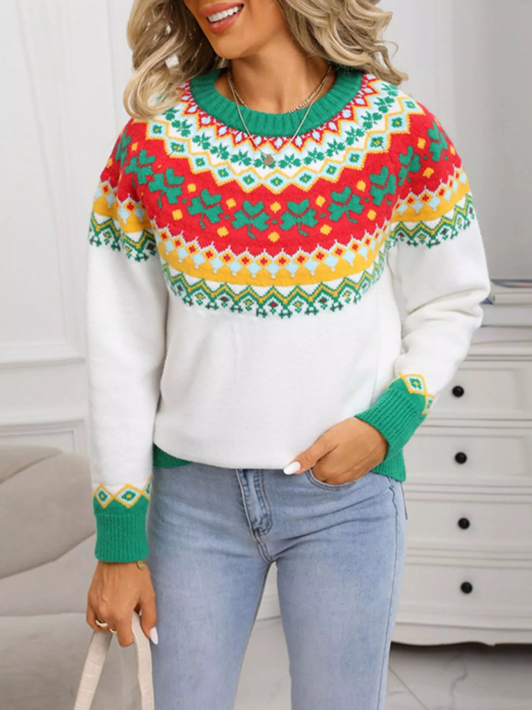Clover pattern Fair Isle round neck knit sweater