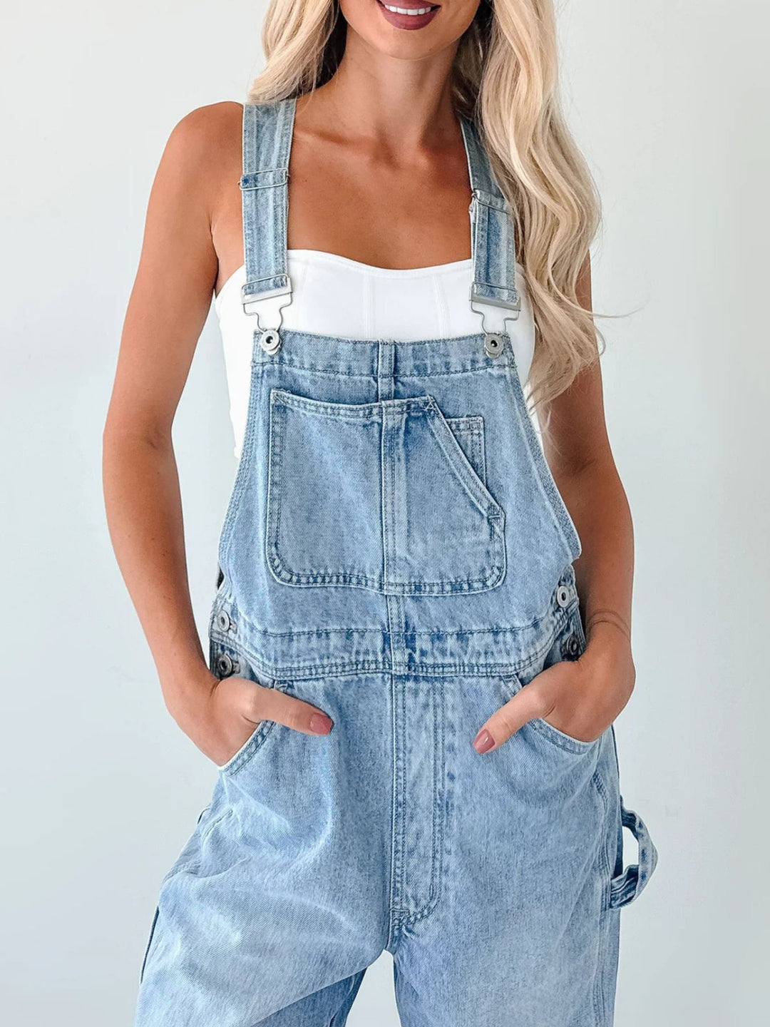 Wide-strap relaxed fit denim overalls with utility pockets