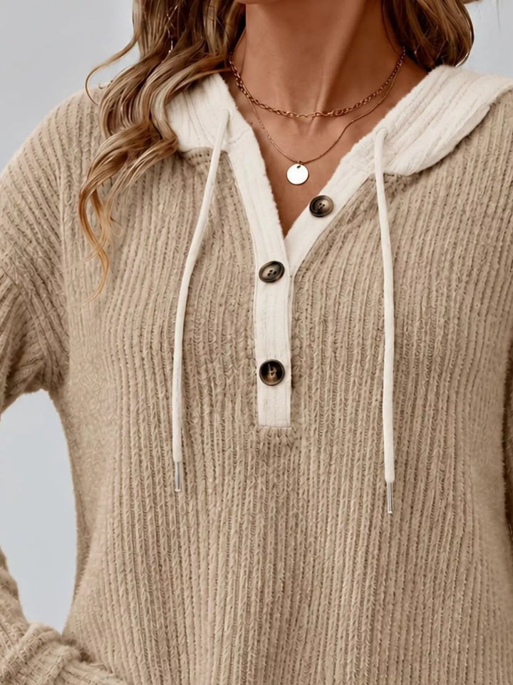 Ribbed knit drawstring hoodie with button henley placket