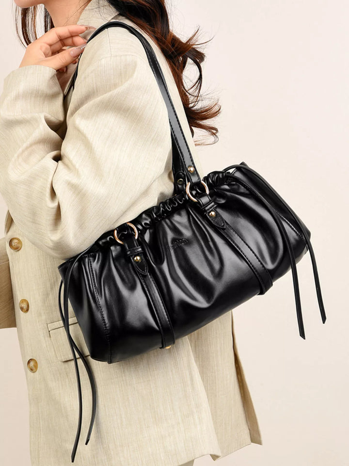 Ruched faux leather shoulder bag with O-ring straps