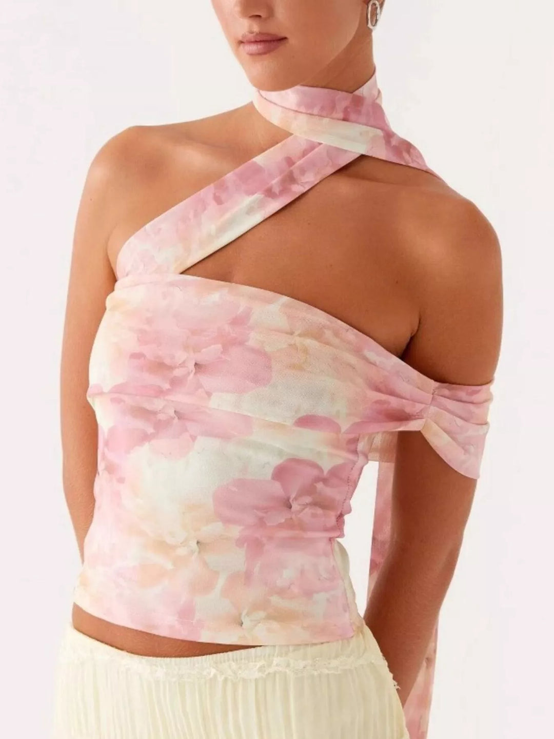 Blush Pink Floral print crossover halter-neck crop cami