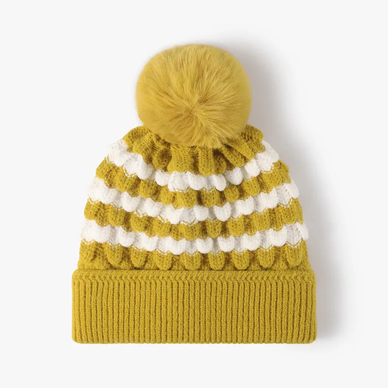 Yellow Striped scallop knit beanie with faux fur pom-pom