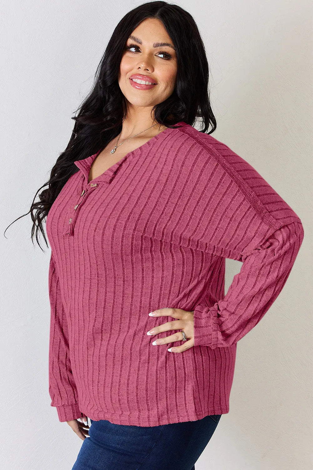 Ribbed knit half-button henley long sleeve top