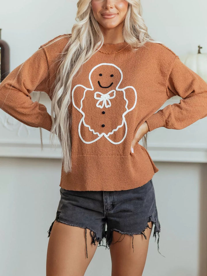 Gingerbread man embroidered drop shoulder knit sweater