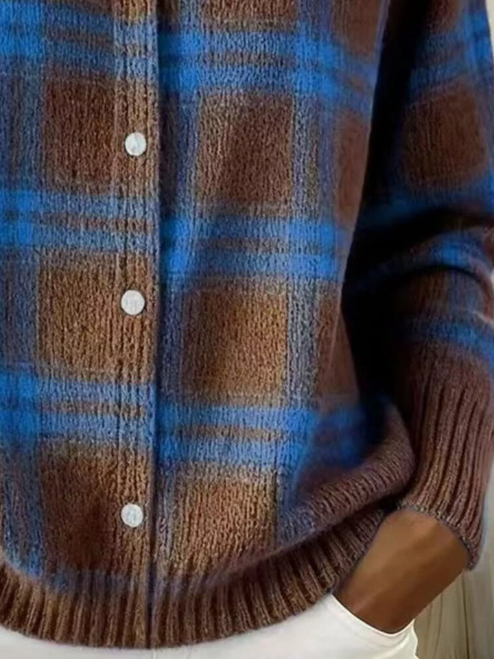 Plaid button-down knit cardigan with ribbed cuffs and hem
