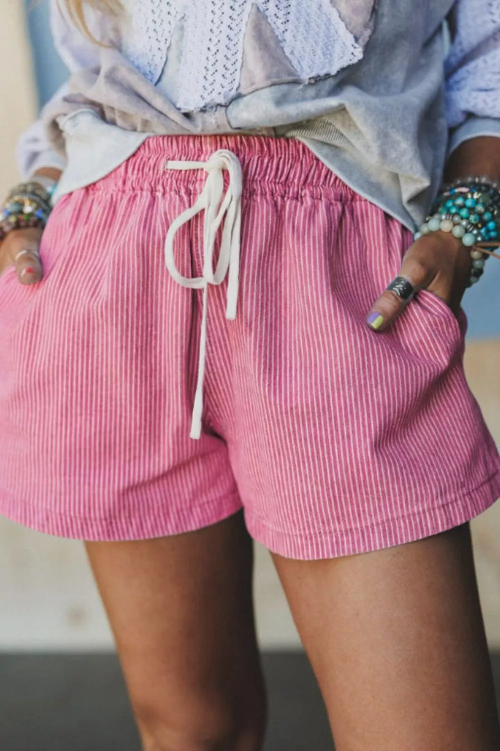 Pink Pinstripe cotton-blend shorts with elastic waist and drawstring