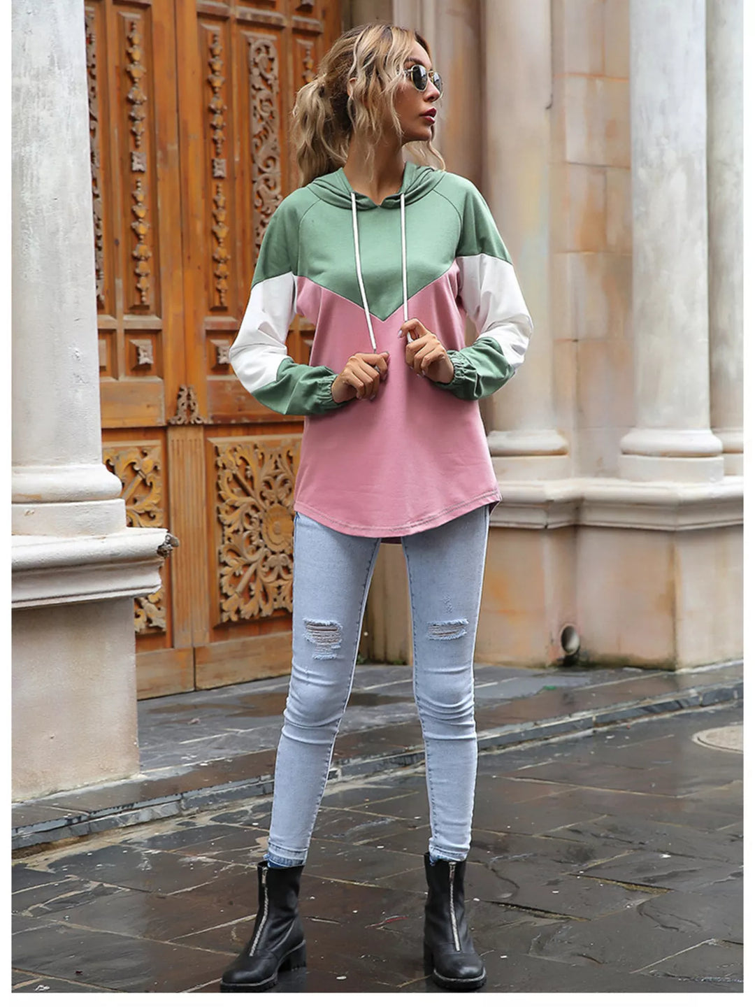 Color block drawstring hoodie with contrast sleeves