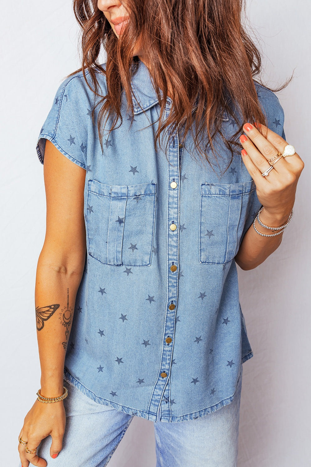 Light Blue Star print short sleeve denim shirt with chest pockets