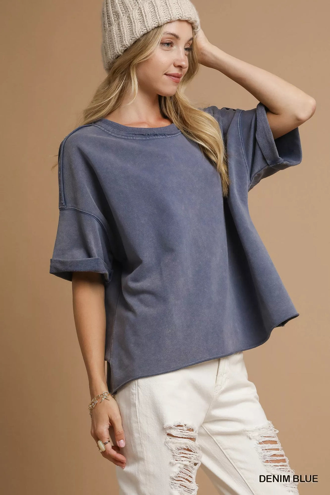 Mineral wash oversized round neck top with rolled sleeves