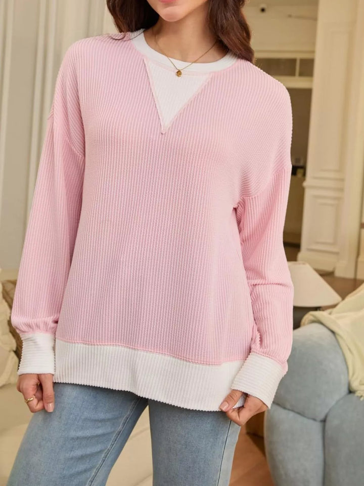 Contrast-trim ribbed dropped-shoulder sweatshirt