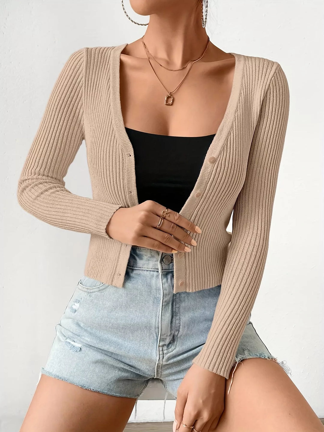 Cropped ribbed knit button-up cardigan with V-neck