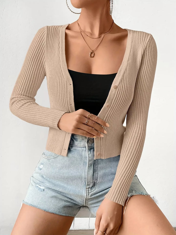 Cropped ribbed knit button-up cardigan with V-neck