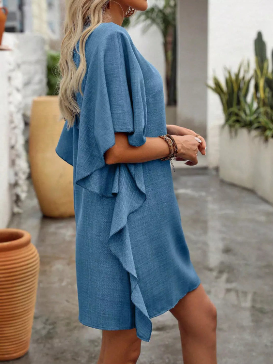 Flutter sleeve V-neck mini dress in textured weave