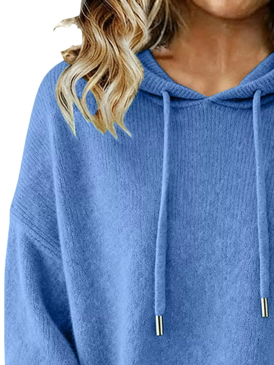 Drawstring hooded knit pullover sweater with ribbed cuffs