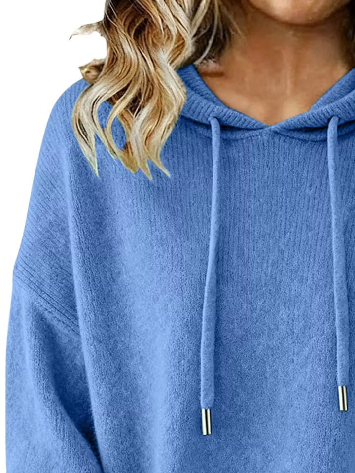 Drawstring hooded knit pullover sweater with ribbed cuffs