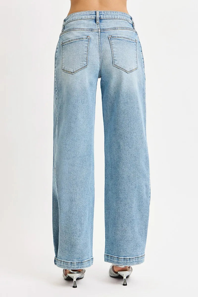 Mid-rise wide barrel jeans with adjustable snap hem
