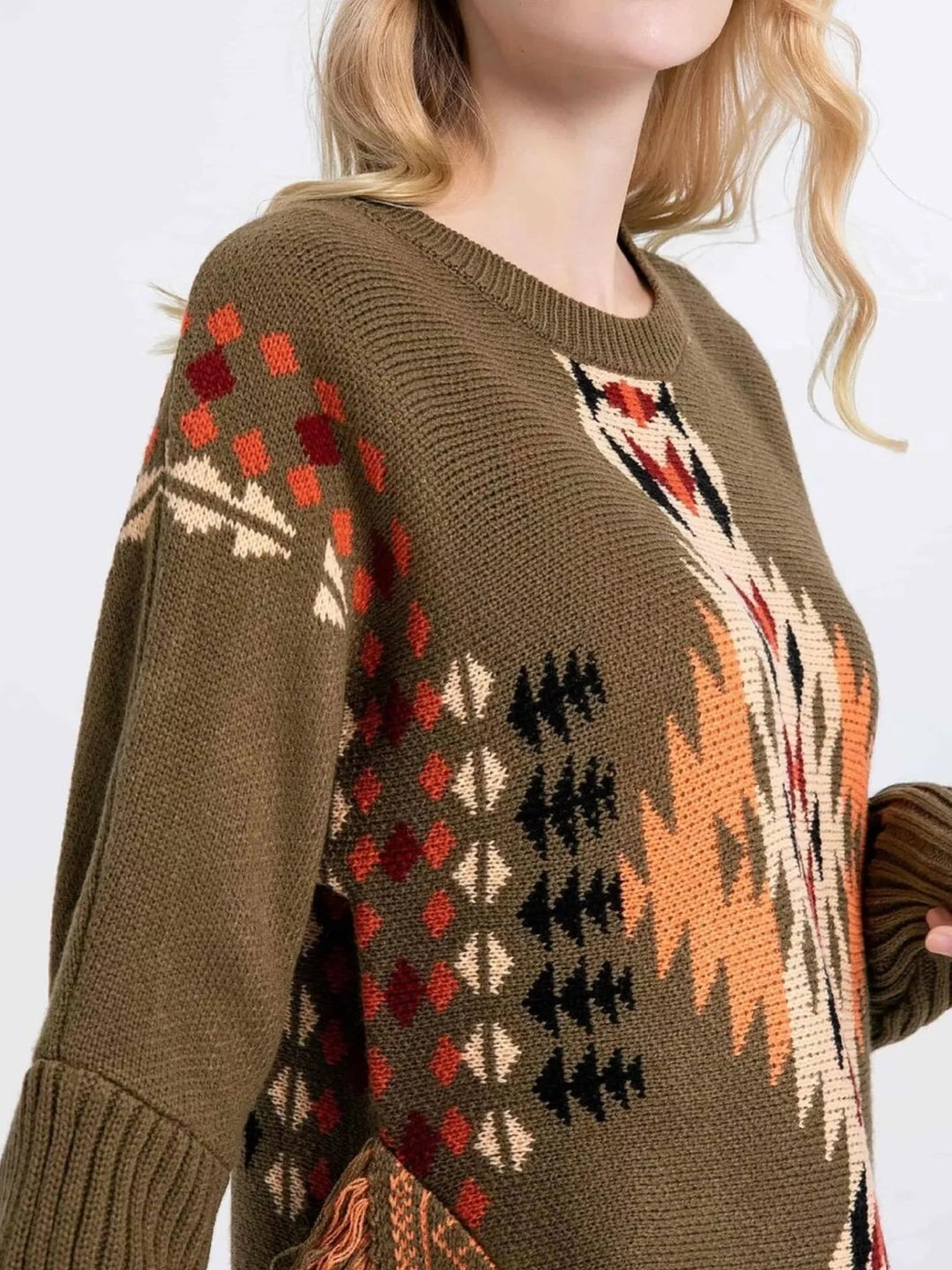 Aztec geometric fringe knit pullover sweater