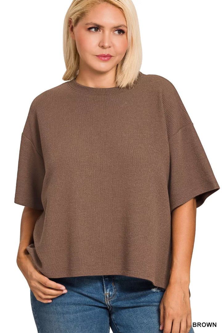 Waffle knit short sleeve top with high-low hem and side slits