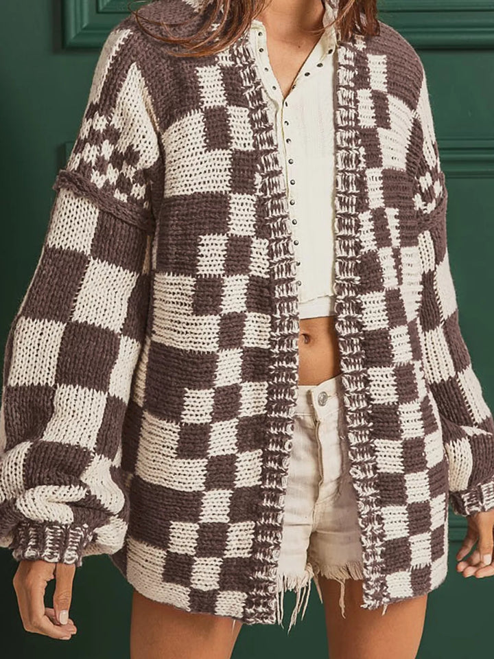Taupe Checkerboard chunky knit open-front cardigan