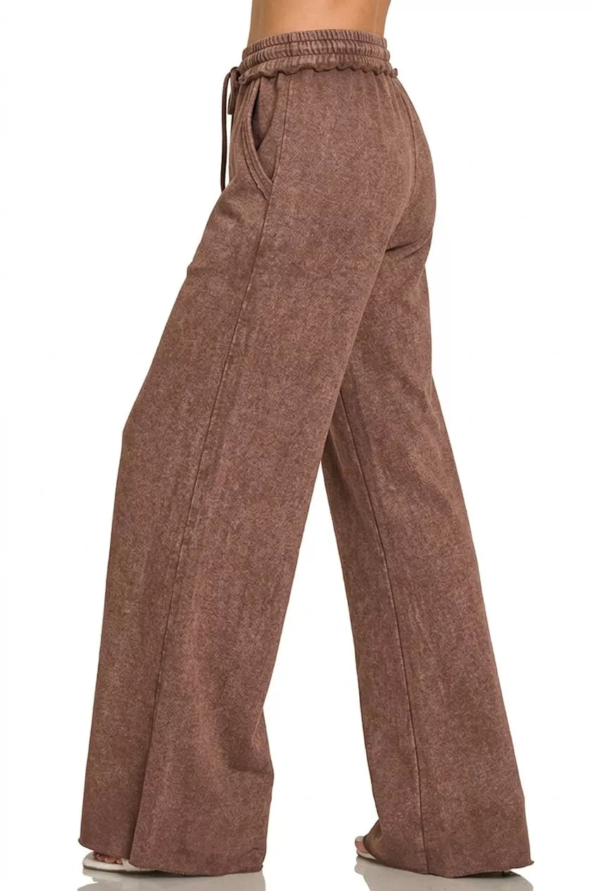 Washed French terry wide-leg sweatpants with drawstring waist