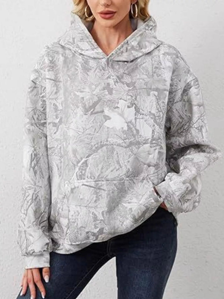 Oversized leaf print pullover hoodie with kangaroo pocket