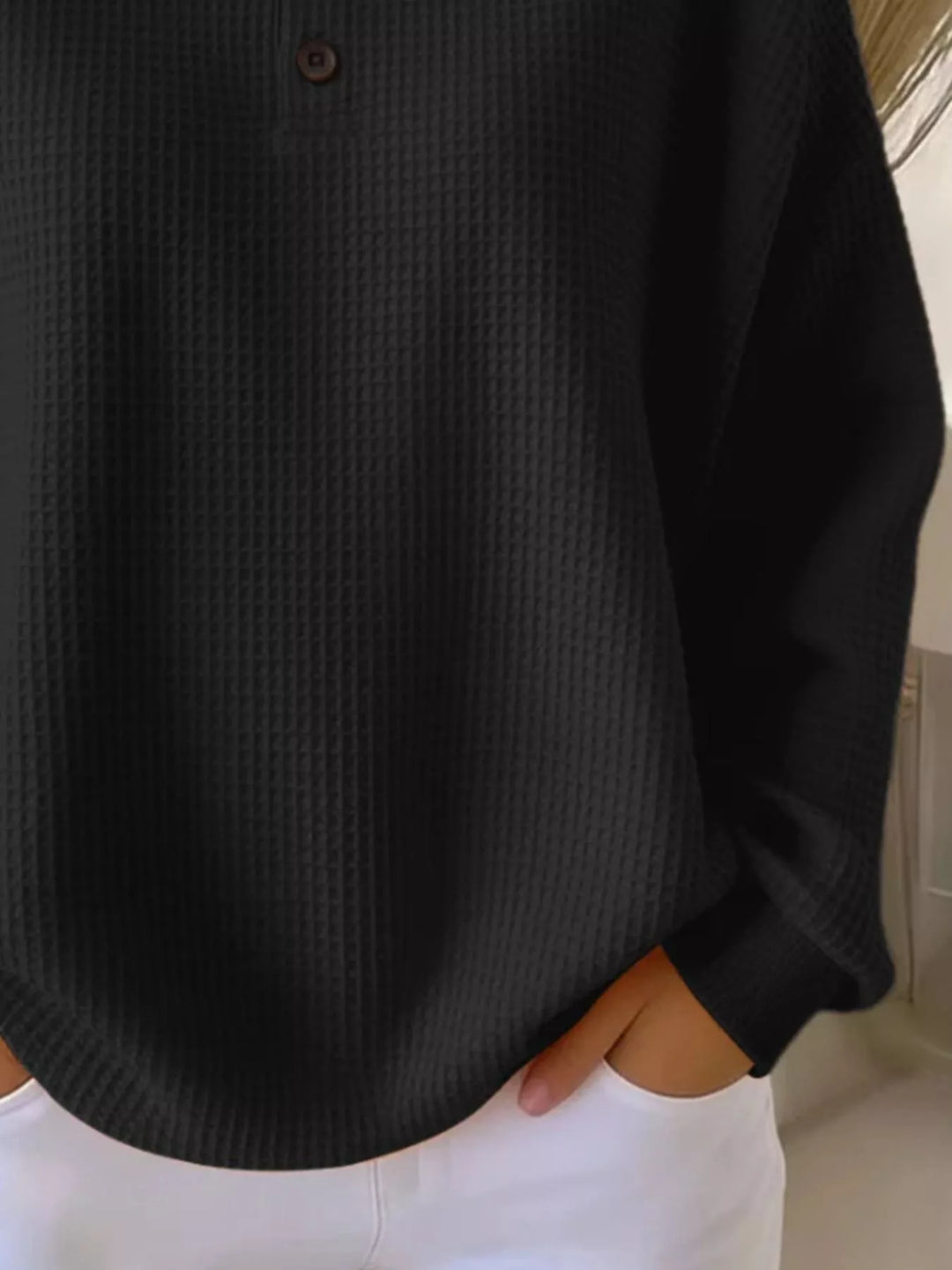 Waffle knit henley top with button placket and long sleeves