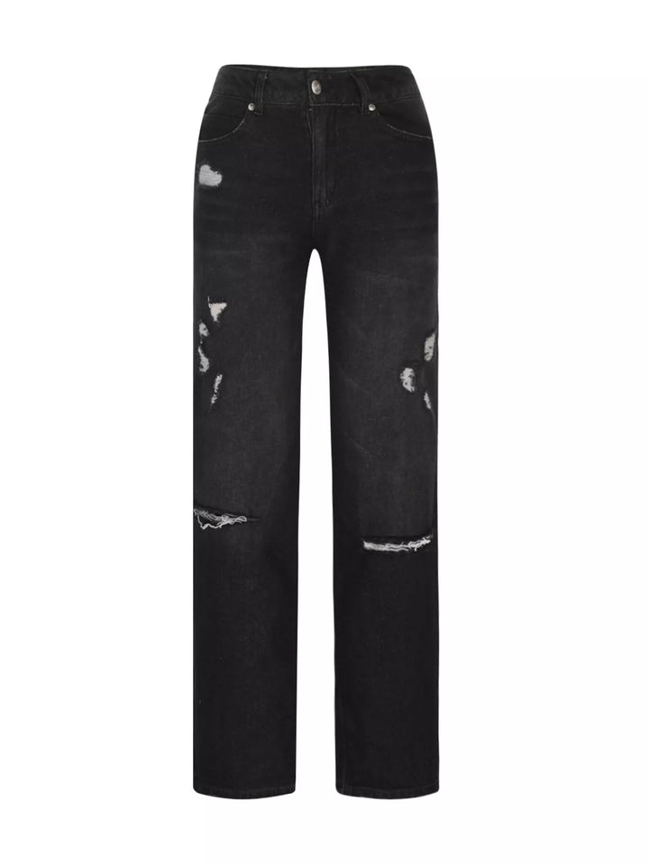 Distressed loose fit straight leg jeans with raw hem